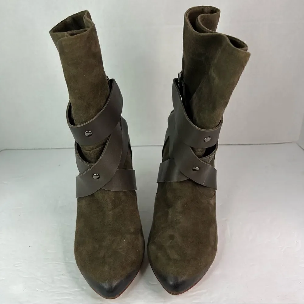 Mea Shadow Cassandra Suede Leather Harness Strap Kitten Heel Green Bootie Sz 8M